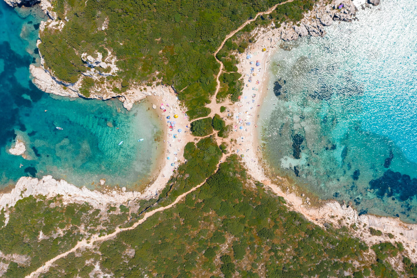 drone view over the two beaches and bays of Porto Timoni in Corfu, Greece