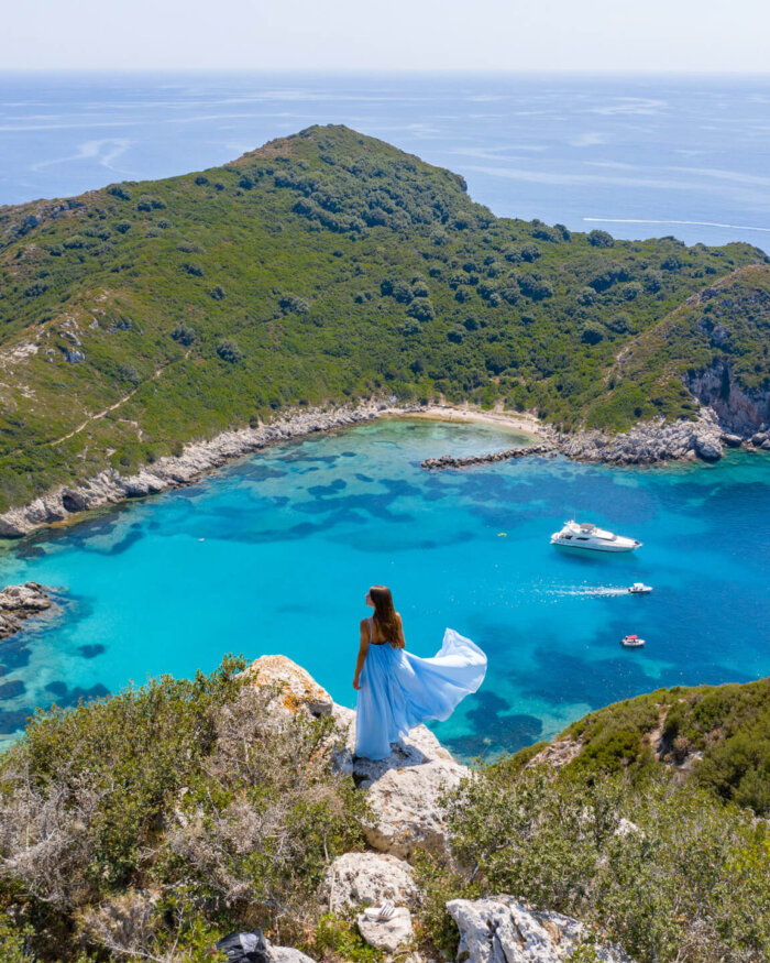 Spectacular view over the two beaches and bays of Porto Timoni in Corfu, Greece