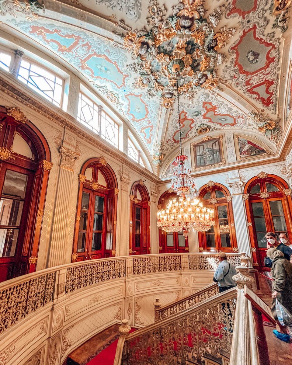 interior Design in the Dolmabahçe Palace with a chandelier and staircase