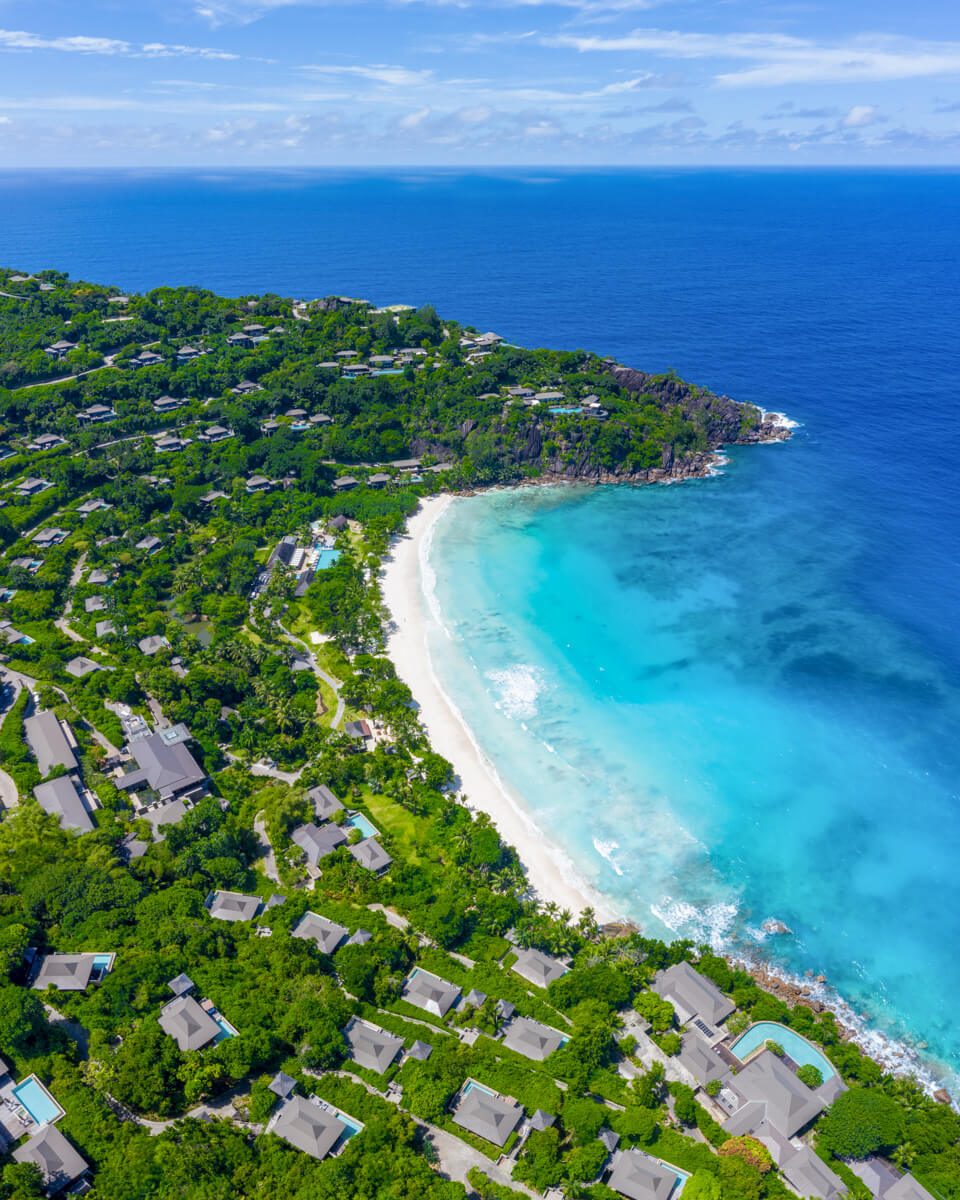 Panorama aerial view of Anse Petit Beach in Mahe Island Seychelles