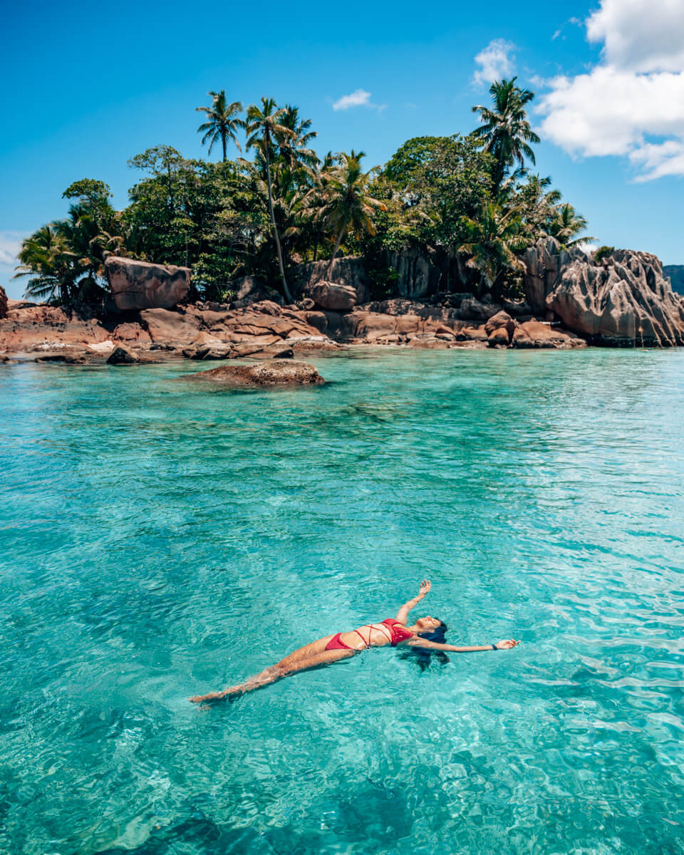 st pierre, a tiny island with palm trees surrounded by blue water, seychelles itinerary and travel tips