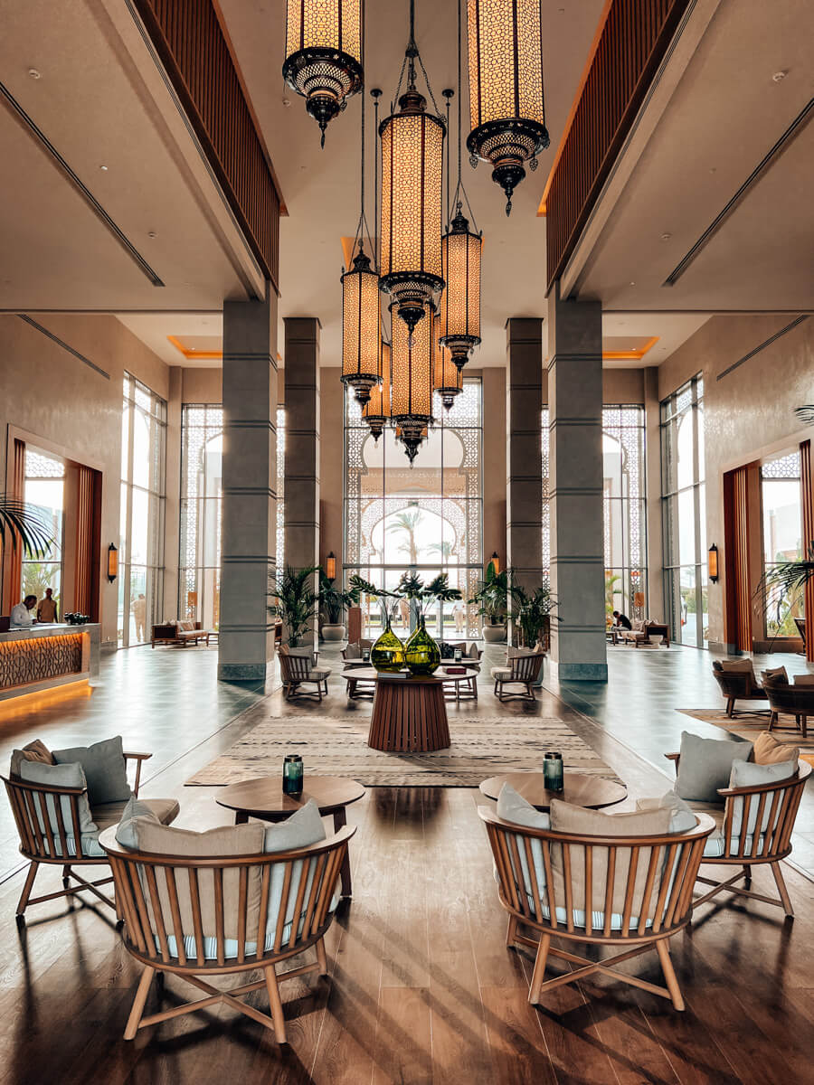 interior of lobby with oriental lamps at the Steigenberger Ras Soma Resort at the Red Sea in Egypt