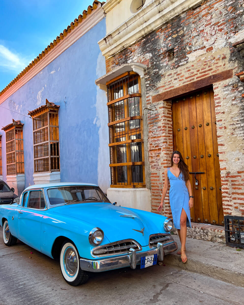 a blue vintage car in Cartagena, Colombia