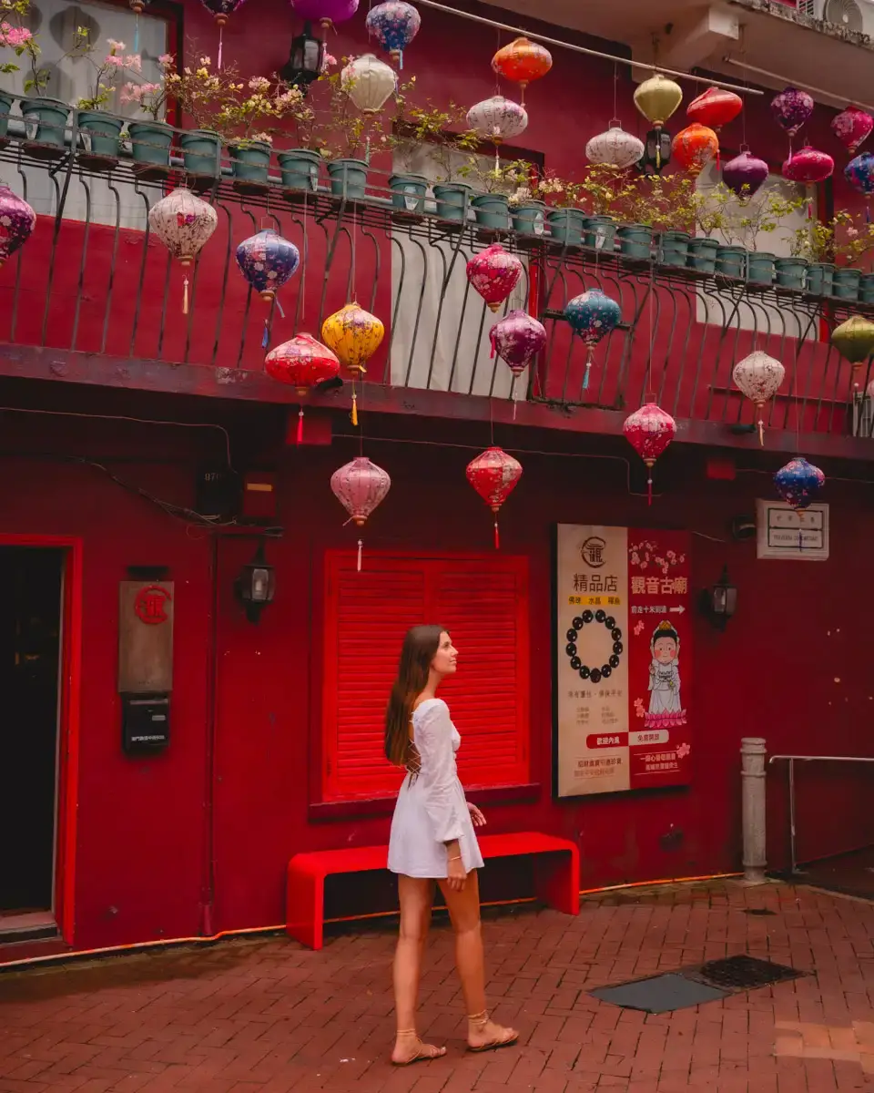 Chinese lantern, old town street in Macao