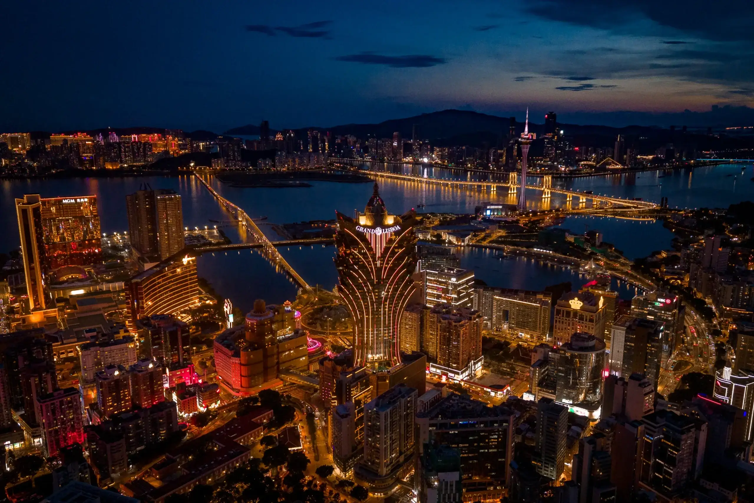 nights view of the skyline on Macao and the Lisboa Casino