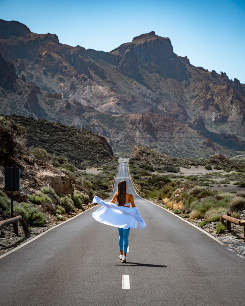 walking on the street which is leading through the Teide national park in Tenerife