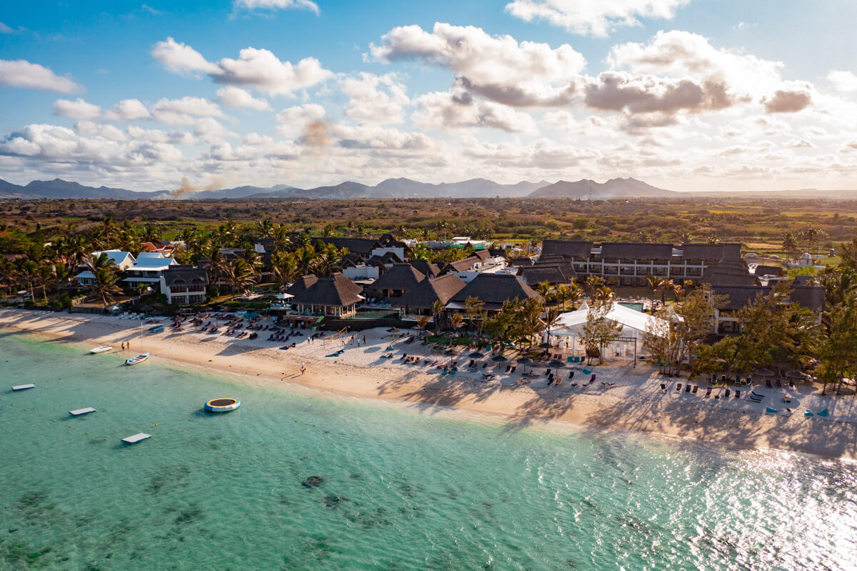 a drone aerial view of the beach at the C Mauritius resort