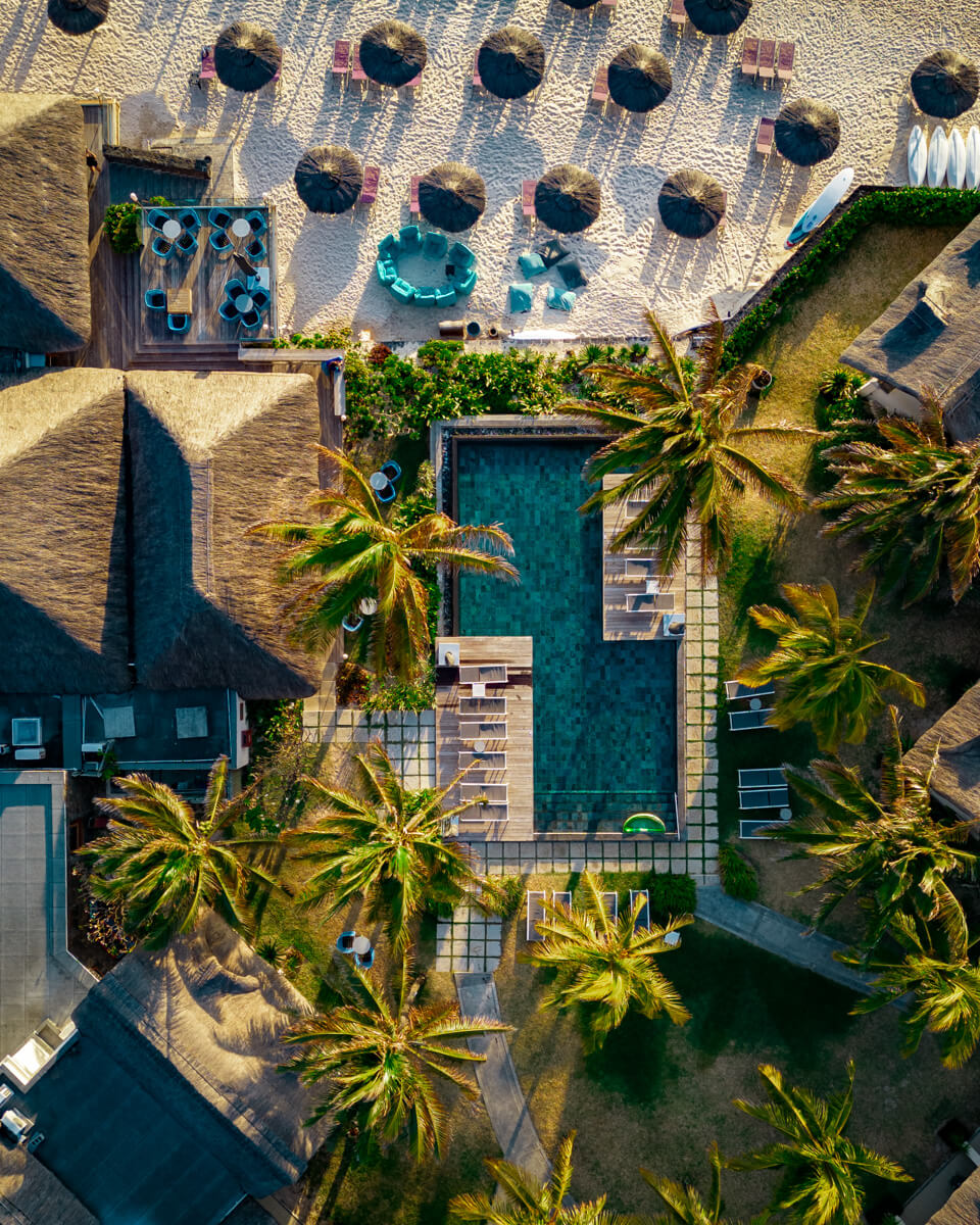 drone aerial view of a pool at the C Mauritius resort