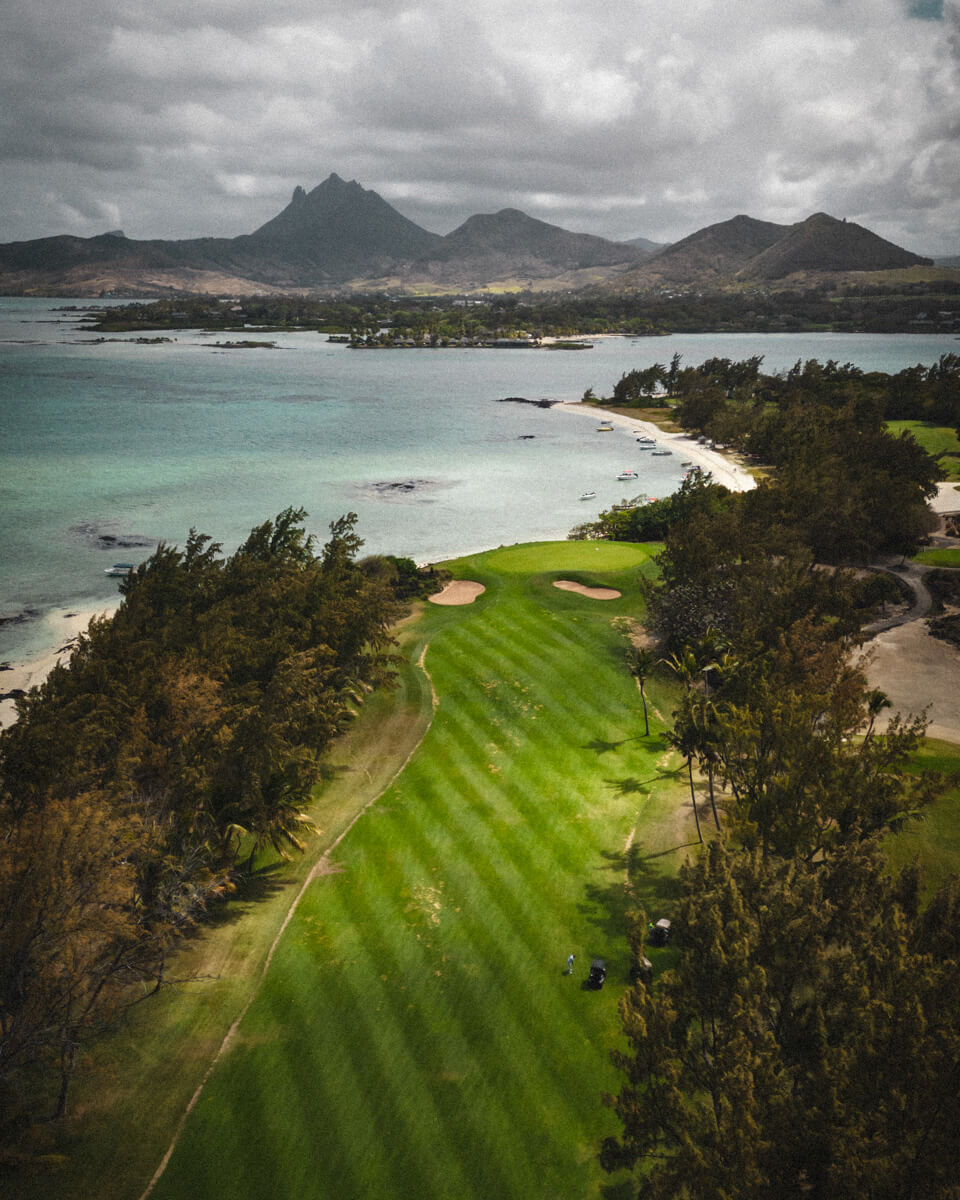 the links golf course of the Constance resort in Mauritius seen from a drone aerial perspective