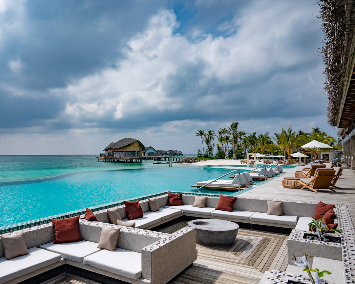 the main pool lounge at the Hilton Maldives Amingiri