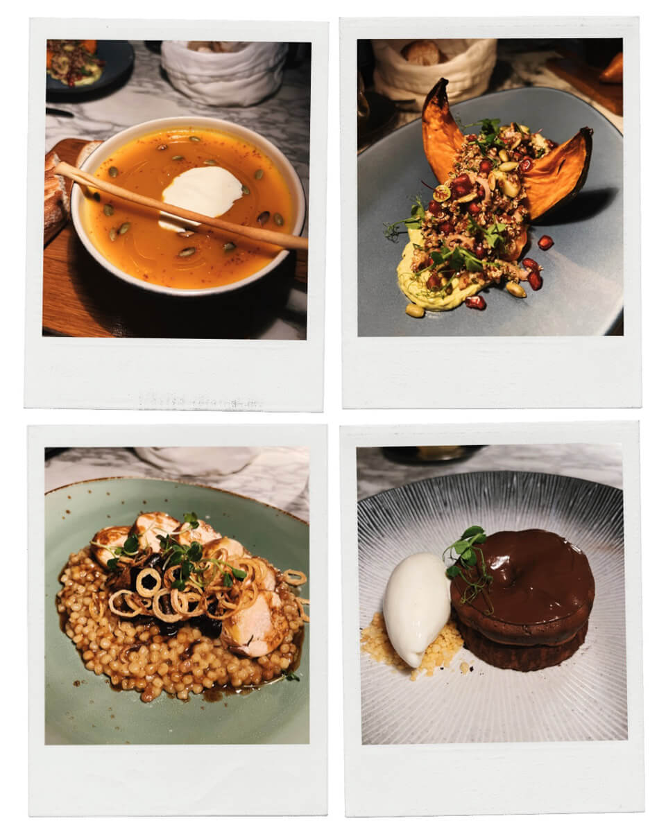 a Collection of four photos of food at the Jumeirah Maldives Olhahali Island for dinner