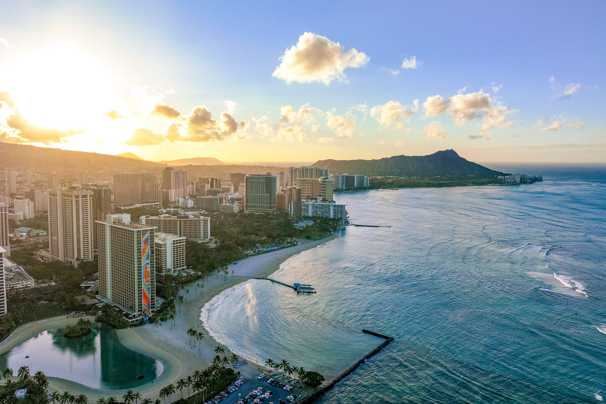 Waikiki beach Oahu during sunrise seen from a drone, scenic view