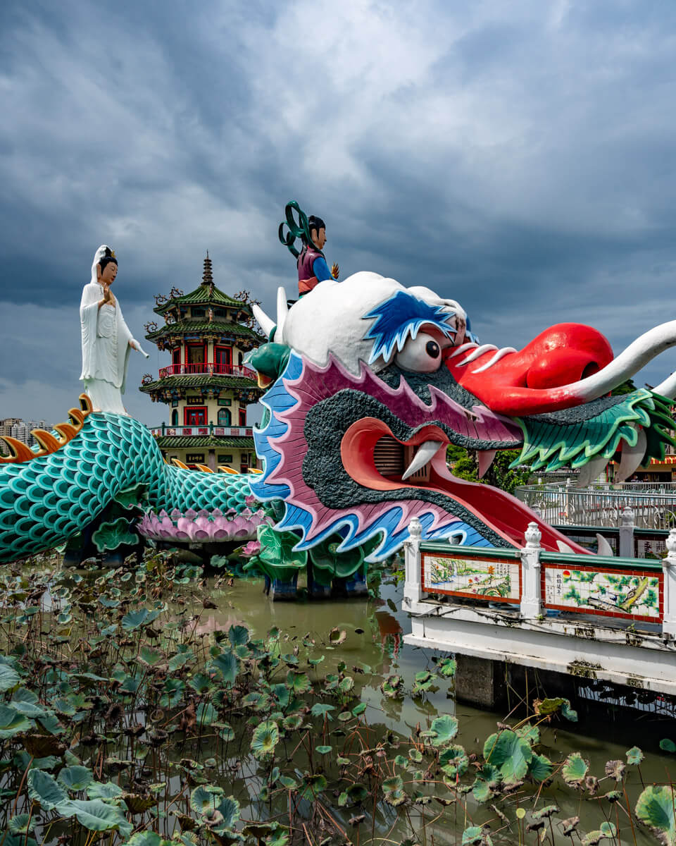 The lotus pond in Kaohsiung in Taiwan with a colorful dragon statue