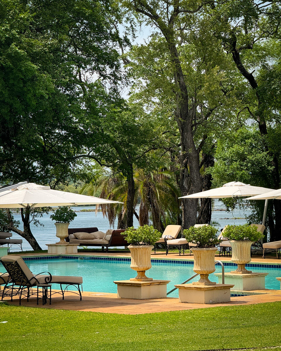 the pool of the Royal Livingstone Hotel in Zambia surrounded by trees