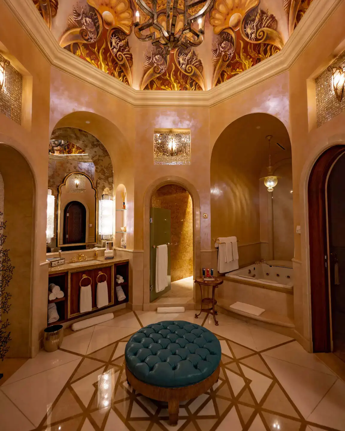 Luxurious Hammam Style bathroom with gold and marble in the royal bridge suite of the Atlantis The Palm Dubai