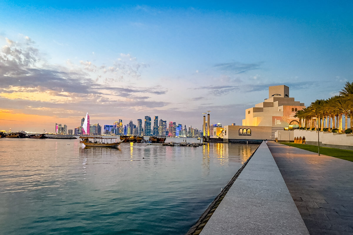 skyline view over Doha seen from the corniche walk during sunset