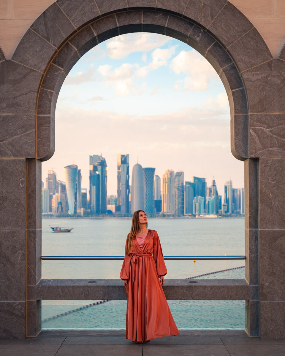 the view over the skyline of doha, Qatar seen from the courtyard at the museum of islamic art