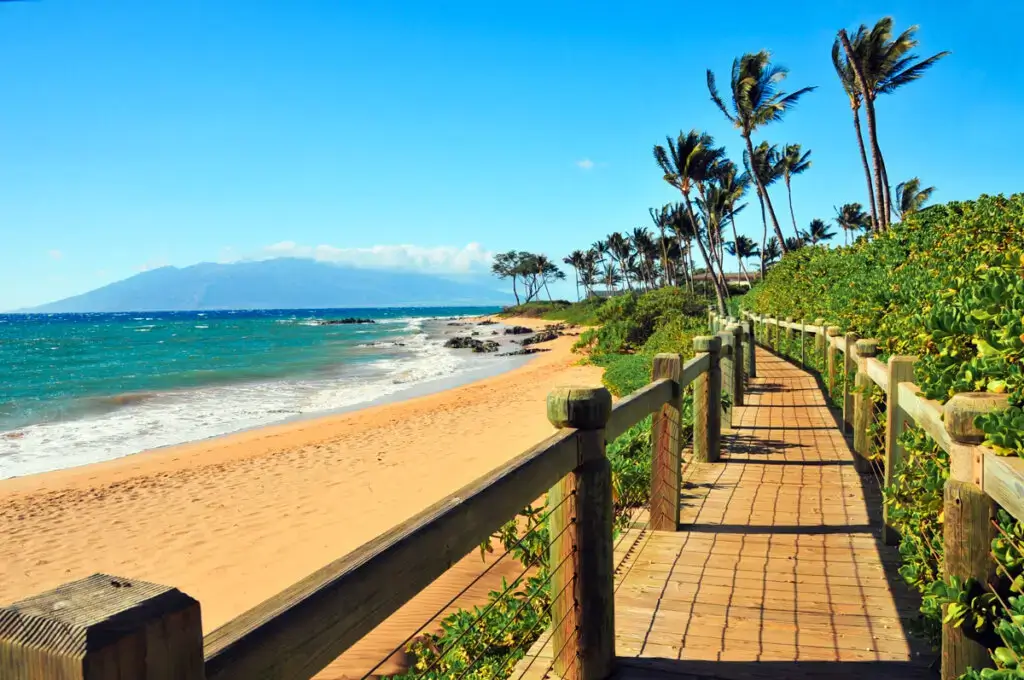 wooden walkway along the beach with palm trees in Maui, Hawaii