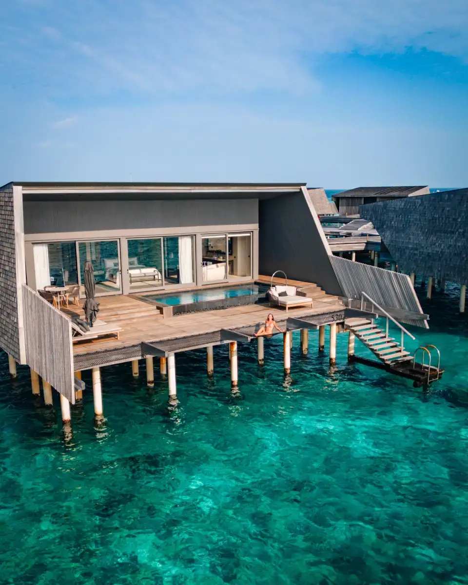 water villa of the St. Regis Maldives Vommuli Resort, with blue water and lagoon