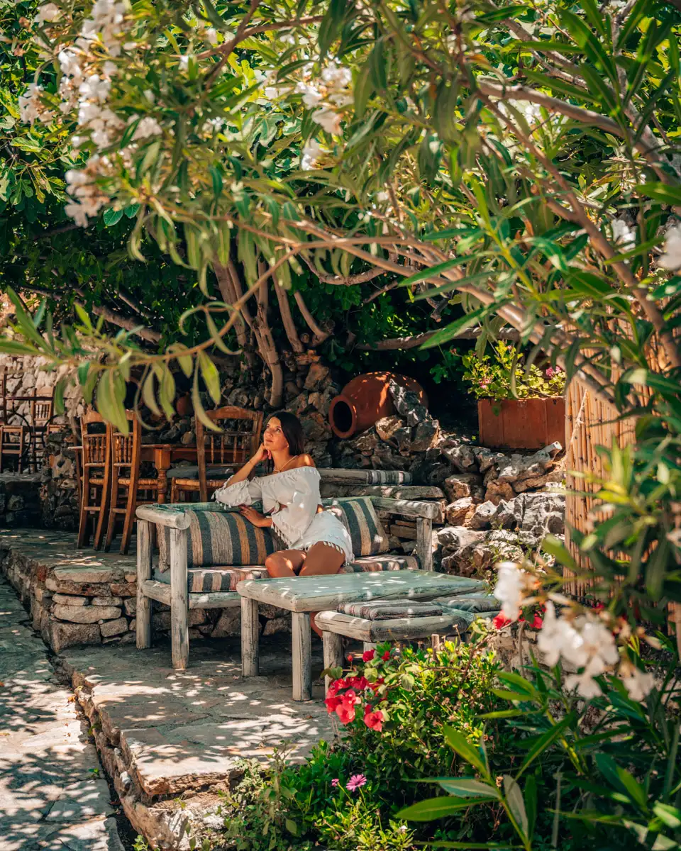 picturesque cafe in mountain town Filet on Naxos Island in Greece