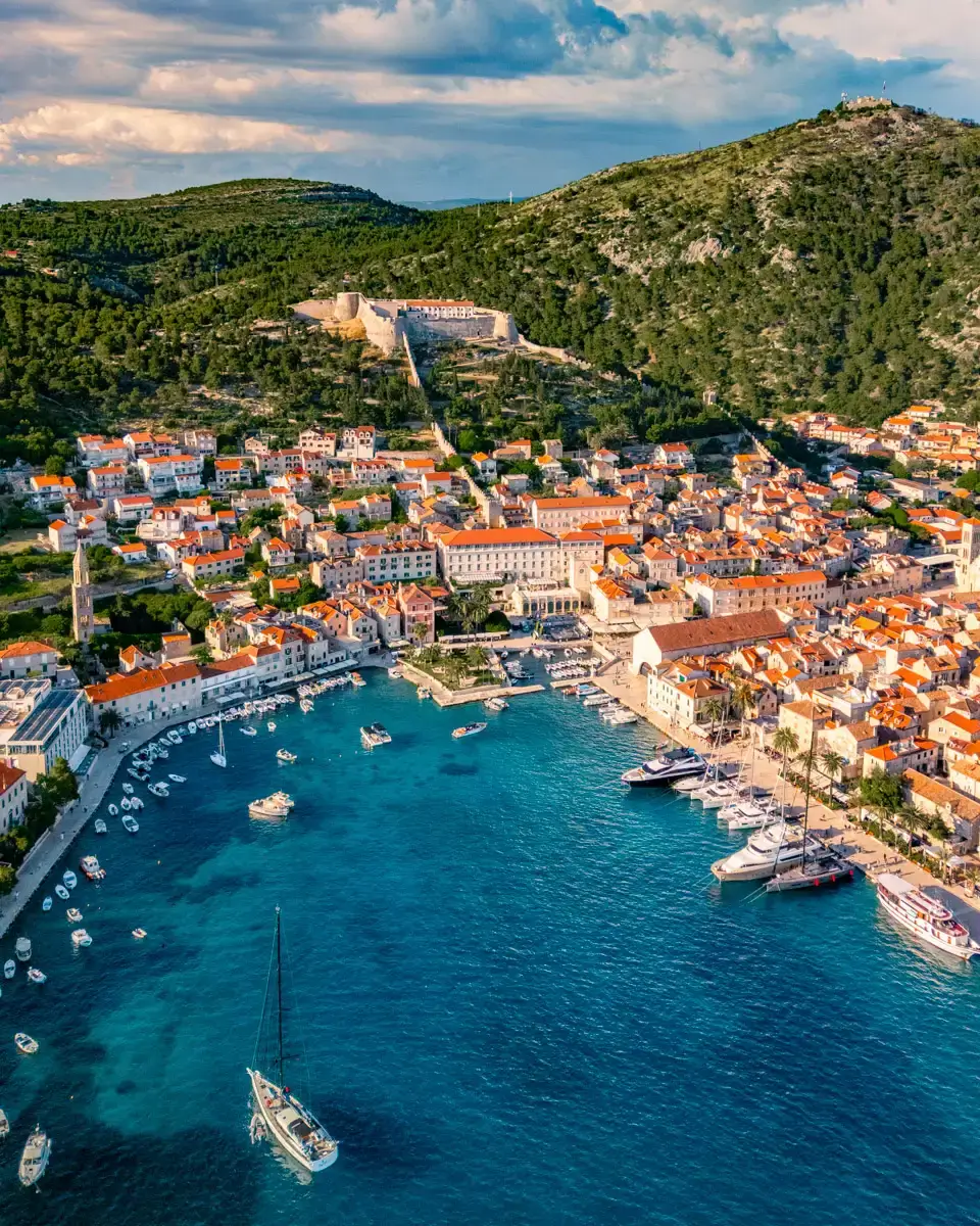 aerial view over the old town in the island Hvar in Croatia, one of the most beautiful places to visit