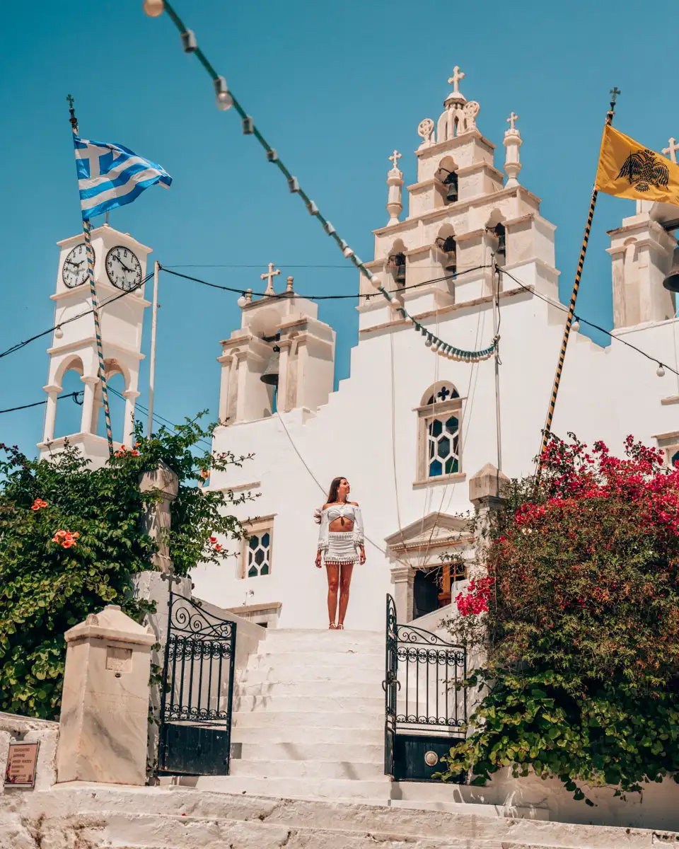 beautiful white greek church in the village Filoti on the island Naxos