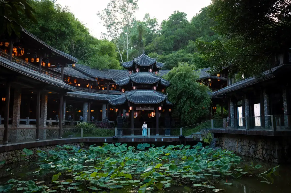 ancient old town in china near Shenzhen, temple with lanterns