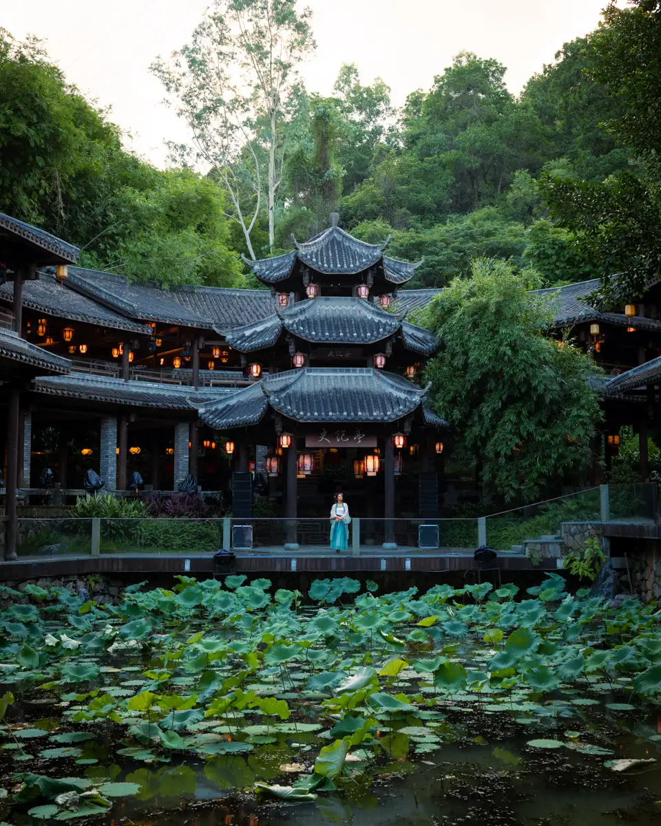 ancient old town in china near Shenzhen, temple with lanterns