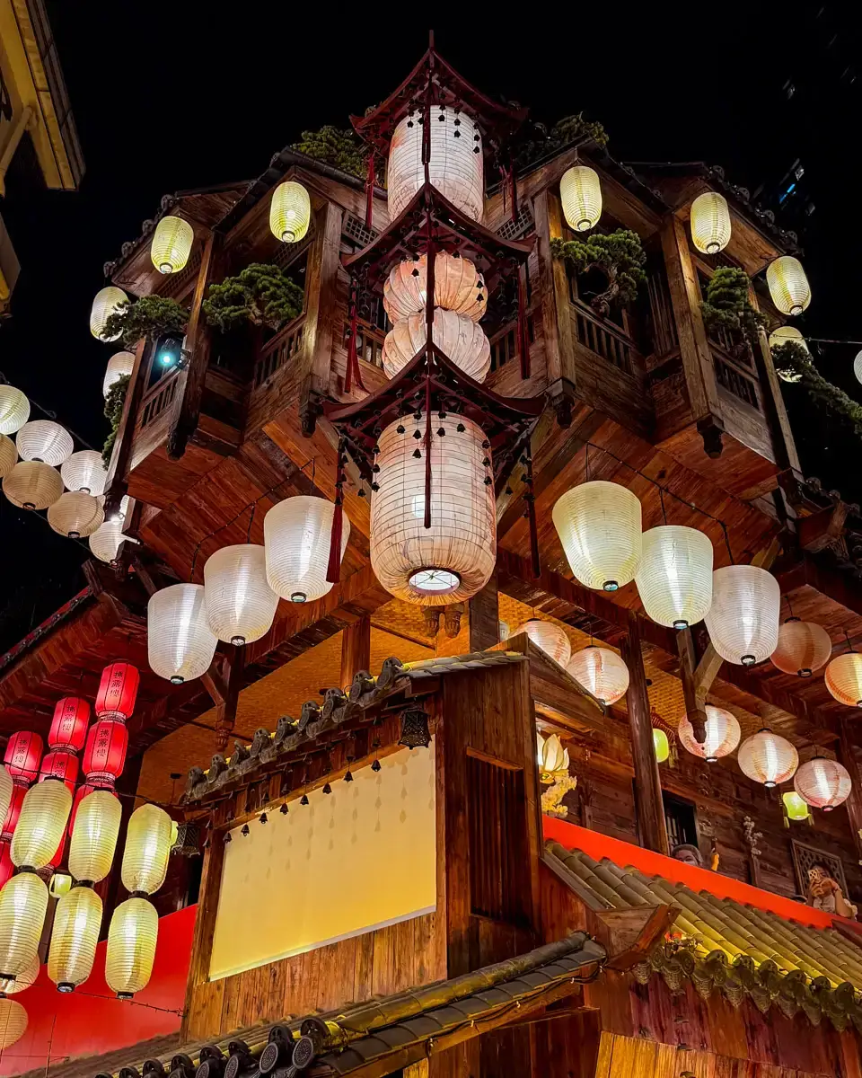 hot pot restaurant and sight in shenzhen, china with colorful lanterns