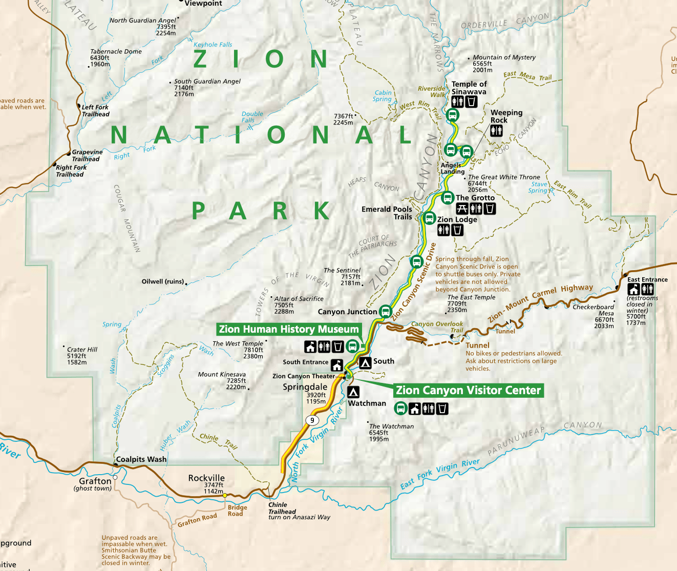 zion-national-park-map Zion National Park official park map with all shuttle stops
