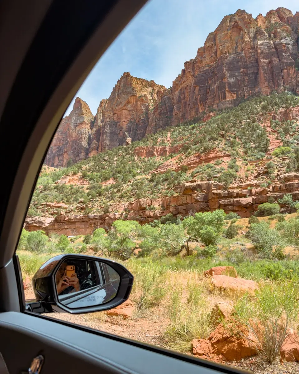 zion-national-park-mount-carmel-highway road trip view from car in Zion National Park