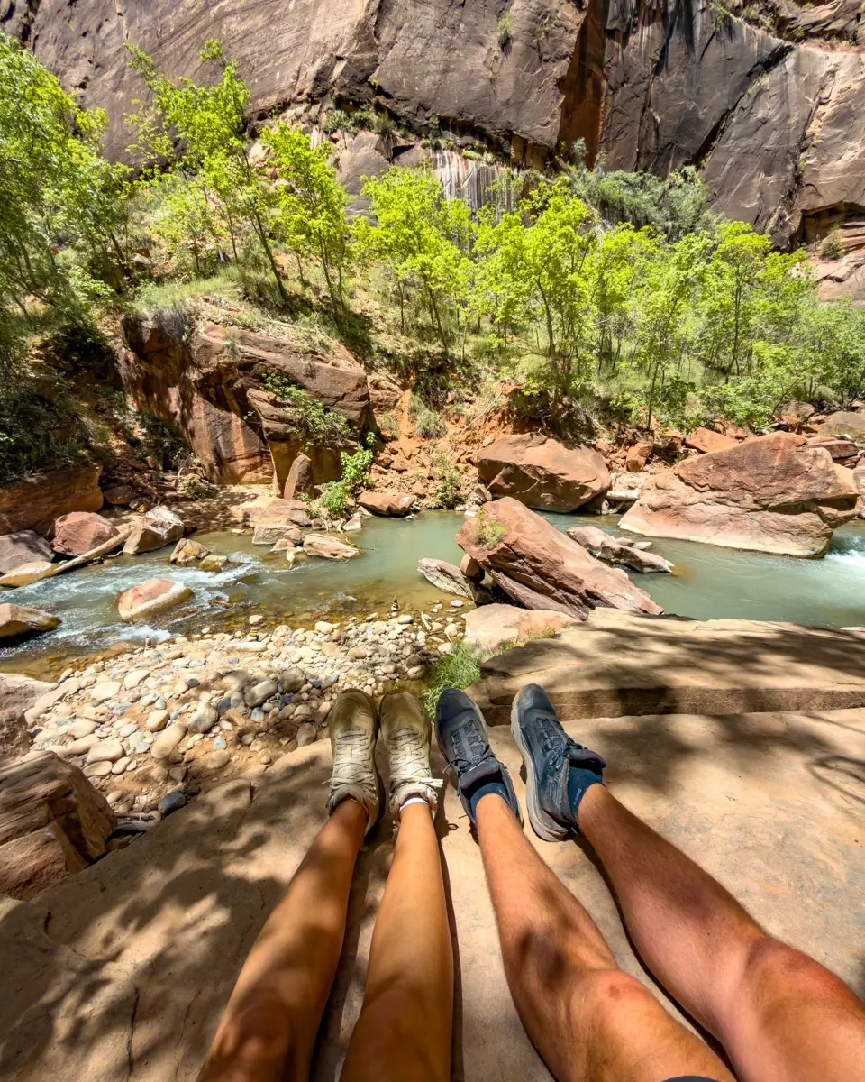 zion-national-park-visit-tips resting feet at virgin river in Zion National Park
