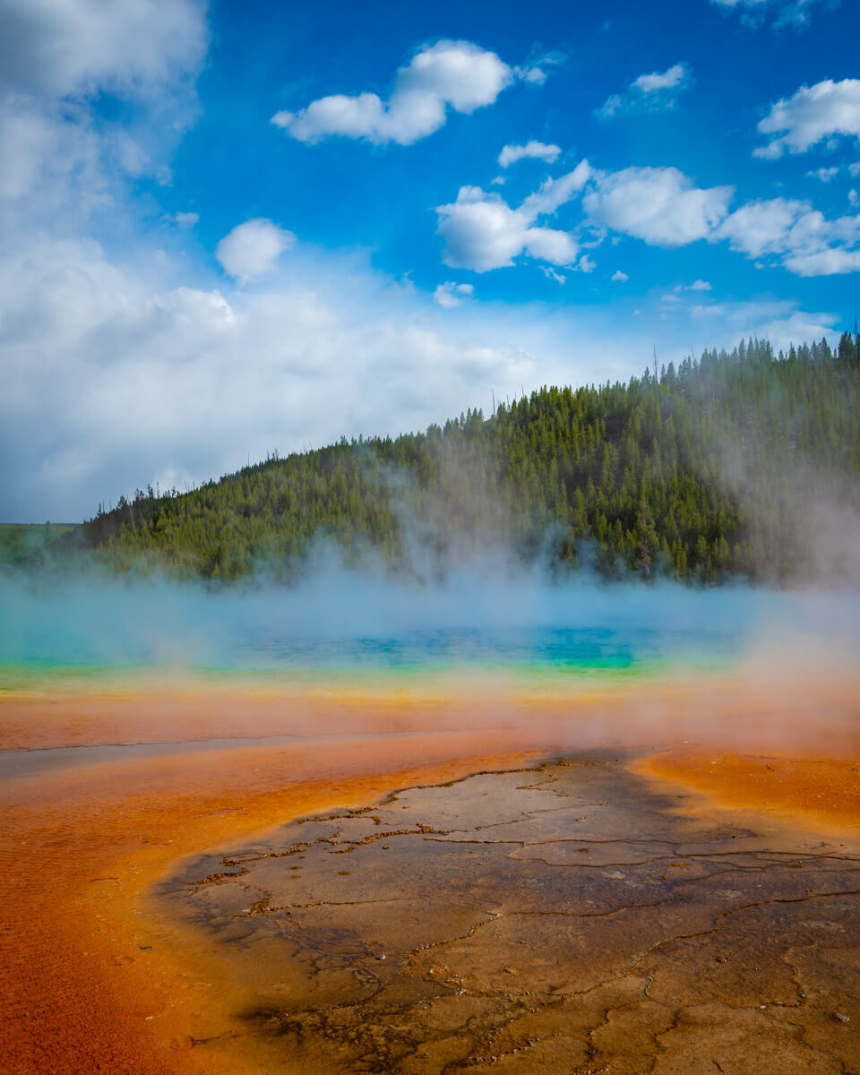 grand-prismatic-spring-yellowstone-highlight grand prismatic spring, one of the highlights during one day in the Yellowstone national park, colorful hot spring in orange yellow and blue