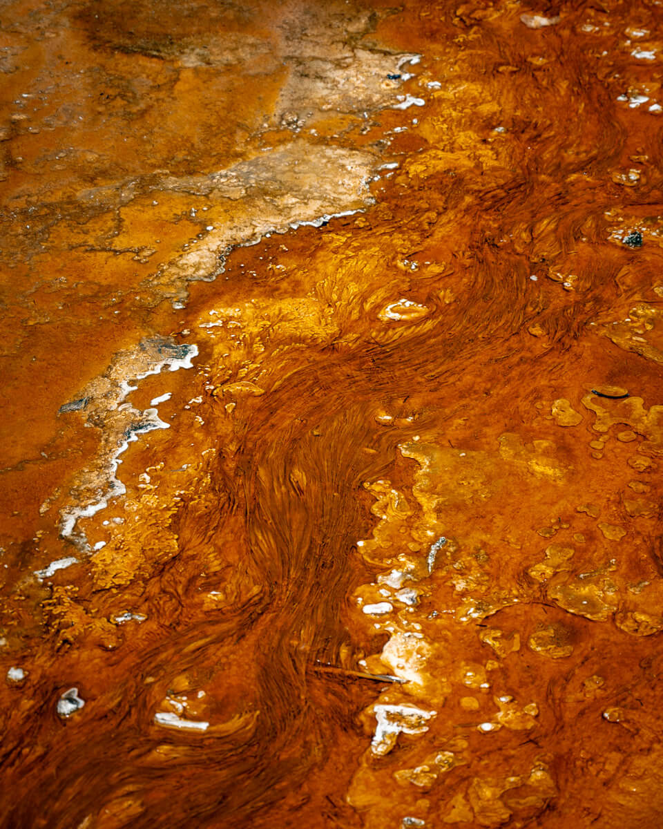west-thumb-geyser-walk-yellowstone red sediments in sulfur lake, geyser, in Yellowstone national park